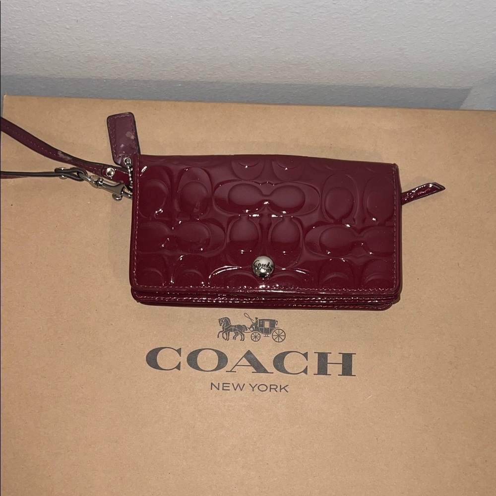 Coach Burgundy Embossed Leather Wristlet